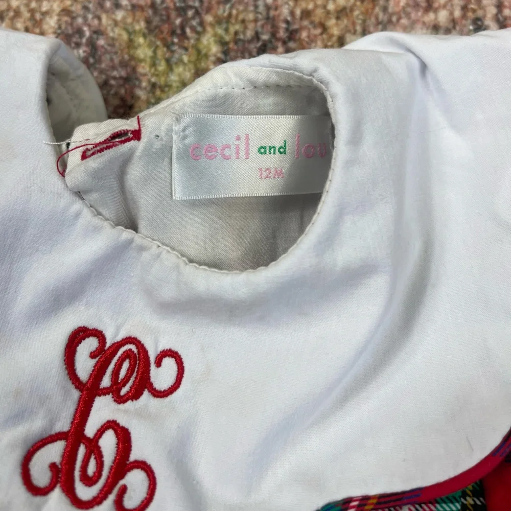 Cecil & Lou Plaid Christmas Dress with White Collar Monogram “C” Baby Size 12M